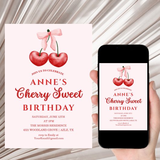 cute Sweet Cherry Birthday Invitation Girl Einladung