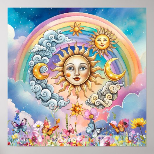 Cute Sweet Dreams Floral Sun, Stars & Moon  Poster (Vorne)