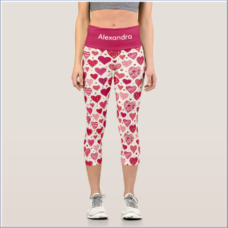 Cute Sweet Red Pink Heart Capri Leggings