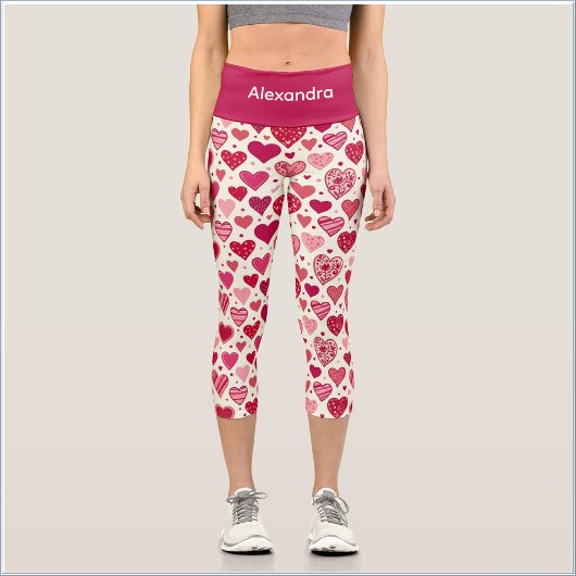 Cute Sweet Red Pink Heart Capri Leggings