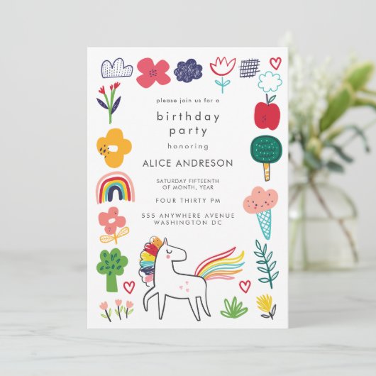 Cute Sweet Unicorn Kids Birthday Party Einladung (Stehend Vorderseite)