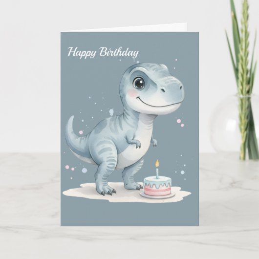 Cute T-Rex Dinosaur with Cake - Kids Birthday  Karte (Vorderseite)