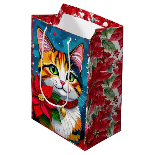 Cute Tabby Cat and Poinsettia Christmas Mittlere Geschenktüte (Vorderseite Schrägansicht)