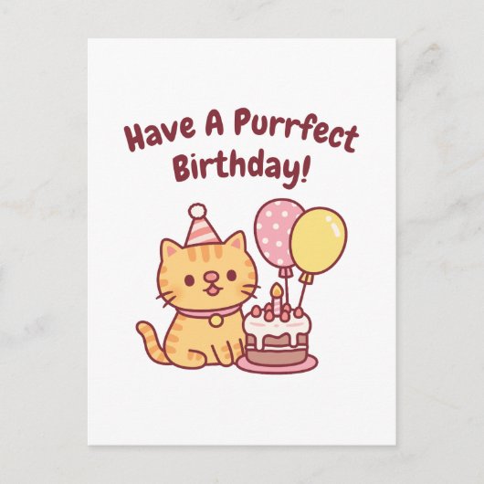 Cute Tabby Cat With Cake Purrfect Birthday Funny Postkarte (Vorderseite)