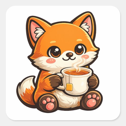 Cute Tea Fox Illustration – Cozy Fox Drinking Tea Quadratischer Aufkleber (Vorderseite)