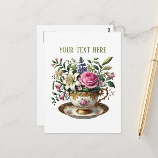 Cute teacup flowers customizable  postkarte (Vorderseite/Rückseite Beispiel)