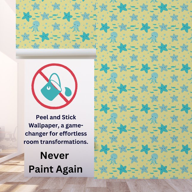 Cute Teal Blue Yellow Kids Nautical Starfish Squid Tapete (Von Creator hochgeladen)