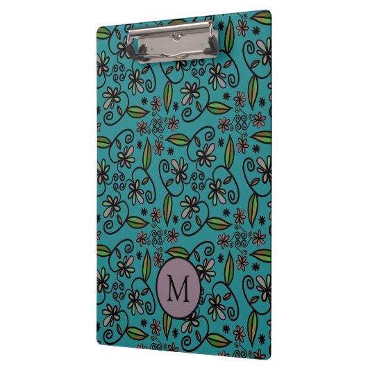 Cute Teal Floral Pattern Monogram Klemmbrett (Links)