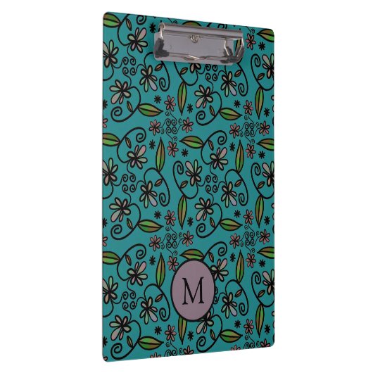 Cute Teal Floral Pattern Monogram Klemmbrett (Rechts)