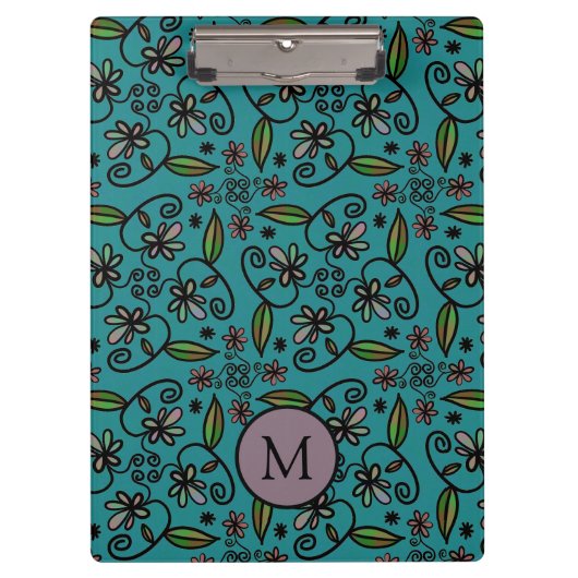 Cute Teal Floral Pattern Monogram Klemmbrett (Vorderseite)