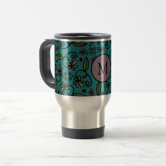 Cute Teal Floral Pattern Monogram Reisebecher (Vorderseite Links)