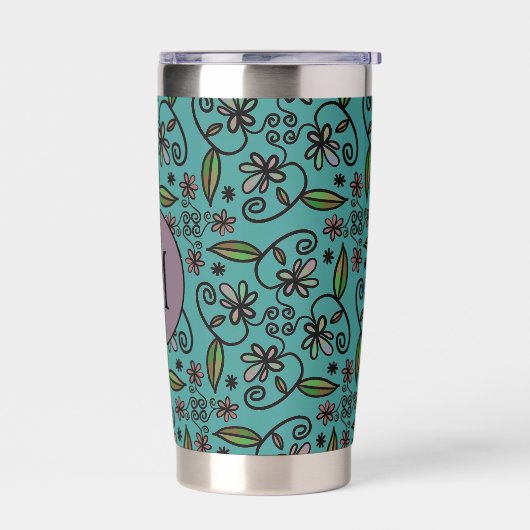 Cute Teal Floral Pattern Monogram Thermobecher (Links)