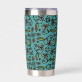Cute Teal Floral Pattern Monogram Thermobecher (Rückseite)