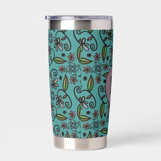 Cute Teal Floral Pattern Monogram Thermobecher (Rechts)