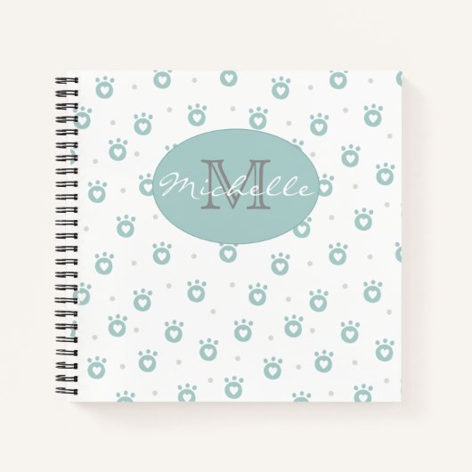 Cute Teal Green Cat Paws with Hearts | Monogramm Notizblock (Vorderseite)