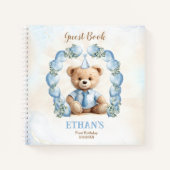 Cute Teddy Bear 1st Birthday Blue Guest Book Notizblock (Vorderseite)