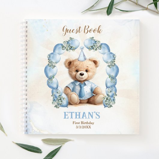 Cute Teddy Bear 1st Birthday Blue Guest Book Notizblock