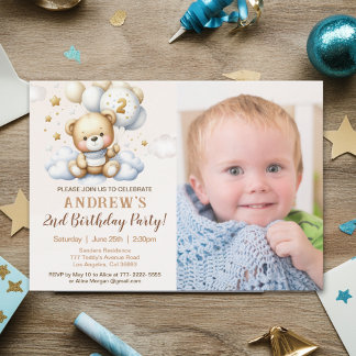 Cute Teddy Bear 2nd Birthday for Boy with photo Einladung