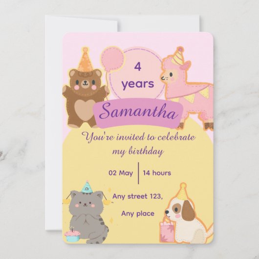 Cute Teddy Bear 4th Birthday Editable Template Einladung (Vorderseite)