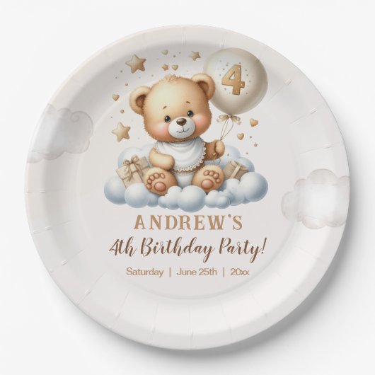 Cute Teddy Bear 4th Birthday Pappteller (Vorderseite)