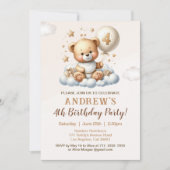 Cute Teddy Bear 4th Birthday Party Celebration Einladung (Vorderseite)