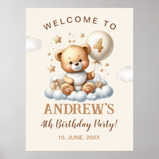 Cute Teddy Bear 4th Birthday Wall Decoration Poster (Vorne)