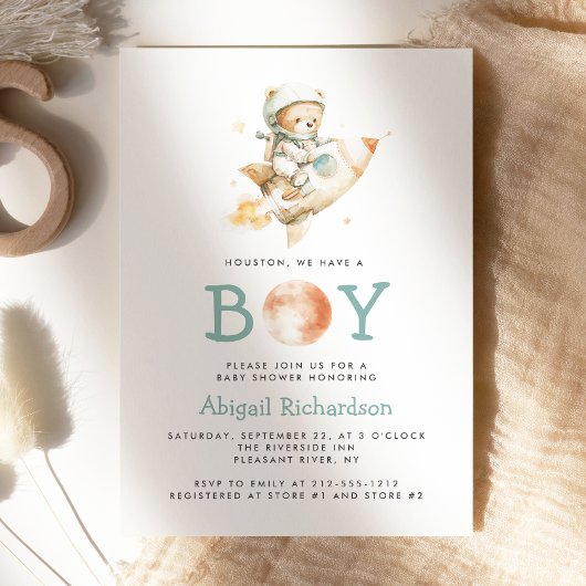 Cute Teddy Bear Astronaut Boy Baby Shower Einladung