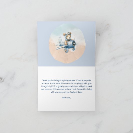 Cute Teddy Bear Aviator Baby Shower Thank You Card Dankeskarte (Innenseite)