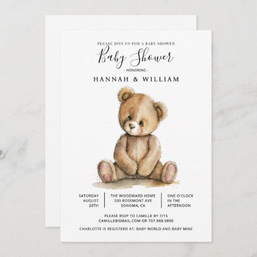 Cute Teddy Bear Baby Shower Einladung (Vorne/Hinten)