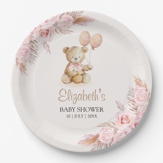 Cute Teddy Bear Baby Shower Girl Pappteller (Vorderseite)