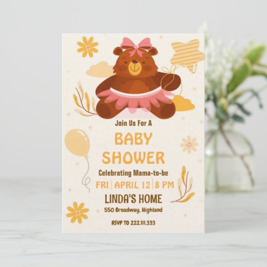 Cute Teddy Bear Baby Shower Invitation for Girl Einladung (Stehend Vorderseite)