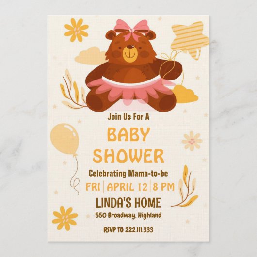 Cute Teddy Bear Baby Shower Invitation for Girl Einladung (Vorderseite)