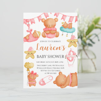 Cute Teddy Bear Baby Shower Pink Girl  Einladung