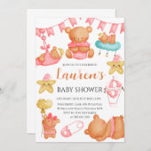 Cute Teddy Bear Baby Shower Pink Girl  Einladung (Vorne/Hinten)