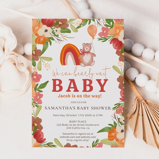 Cute teddy bear bearly wait rainbow baby shower einladung