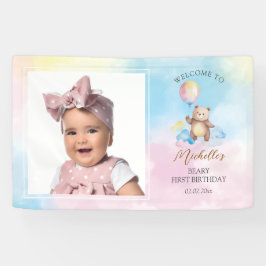 Cute Teddy Bear Beary First Birthday Photo Welcome Banner