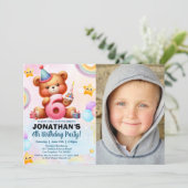 Cute Teddy Bear Birthday 6 with Photo  Einladung (Stehend Vorderseite)