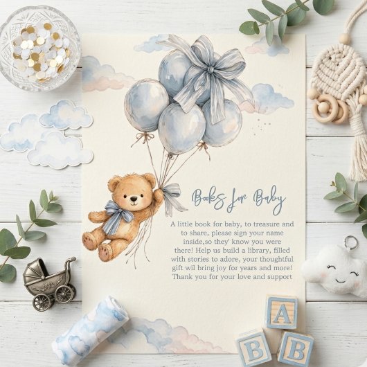 Cute Teddy Bear Blue Balloons Clouds Baby Boy Begleitkarte