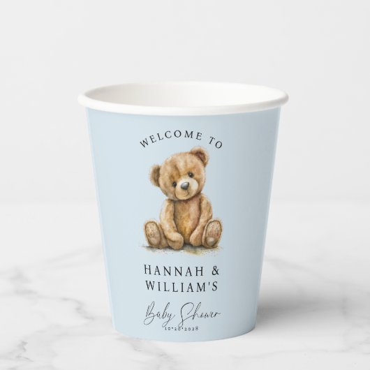 Cute Teddy Bear Blue Boy Baby Shower Pappbecher (Vorderseite)