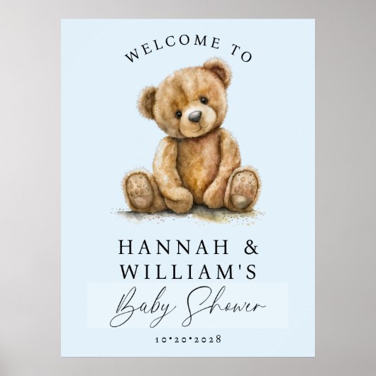 Cute Teddy Bear Blue Boy Baby Shower Welcome Sign Poster (Vorne)