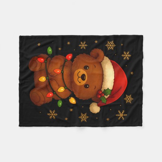 Cute Teddy Bear Christmas Tree Lights Santa Hat Fu Fleecedecke (Vorderseite (Horizontal))