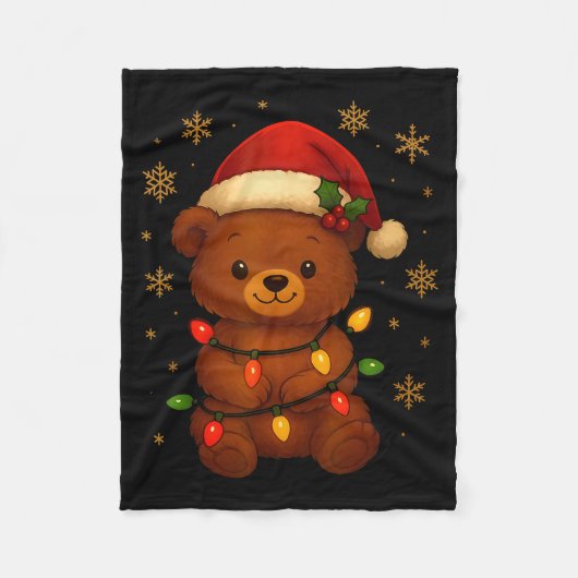 Cute Teddy Bear Christmas Tree Lights Santa Hat Fu Fleecedecke (Vorderseite)