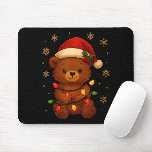 Cute Teddy Bear Christmas Tree Lights Santa Hat Fu Mousepad (Mit Mouse)