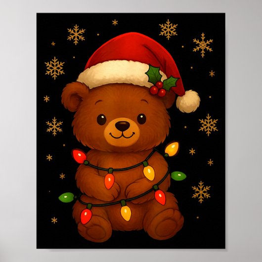 Cute Teddy Bear Christmas Tree Lights Santa Hat Fu Poster (Vorne)