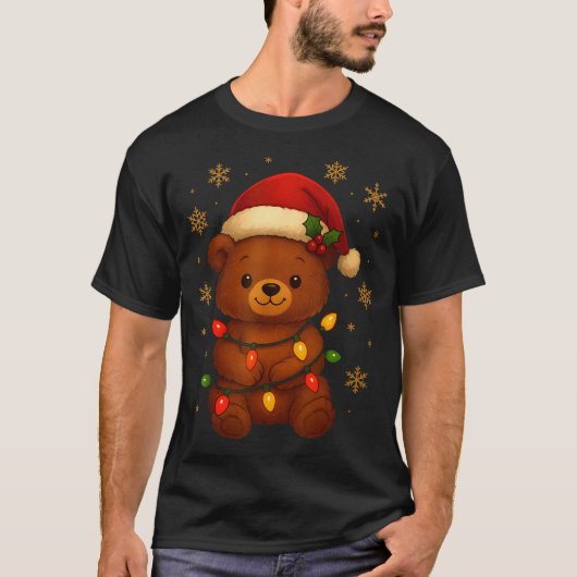Cute Teddy Bear Christmas Tree Lights Santa Hat Fu T-Shirt (Vorderseite)