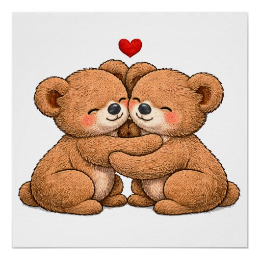 Cute Teddy Bear Couple in Love – Embroidered Style Poster (Vorderseite)