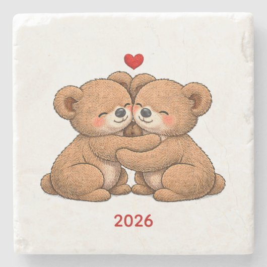 Cute Teddy Bear Couple in Love – Embroidered Style Steinuntersetzer (Vorderseite)