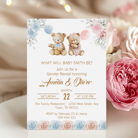 Cute Teddy Bear Gender Reveal Pink Blue Roses Einladung