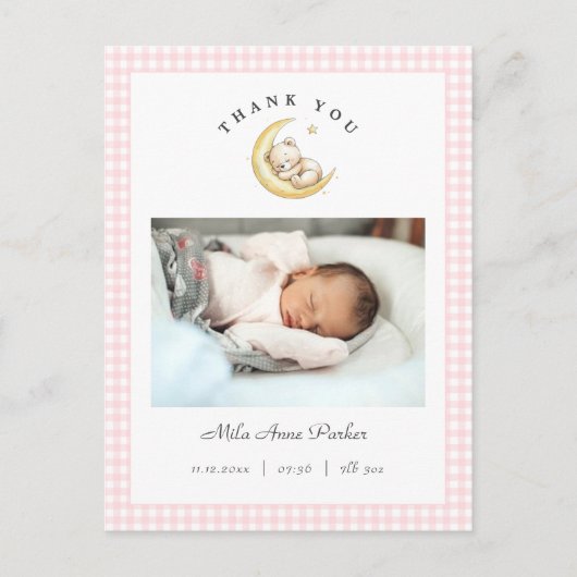Cute Teddy Bear Gingham Girl Birth Announcement Postkarte (Vorderseite)