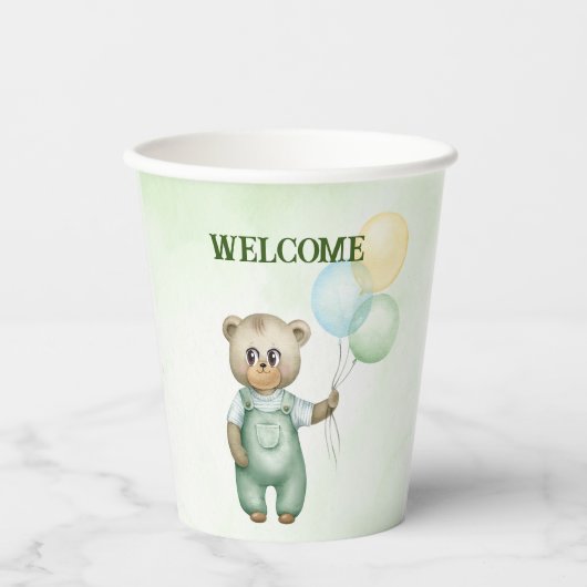 cute teddy bear green background pappbecher (Vorderseite)